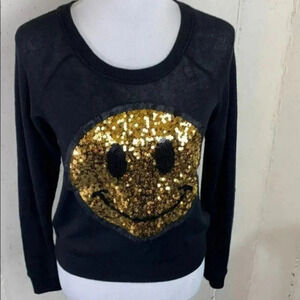 Vintage ML Small Y2K black sheer‎ long sleeve glitter happy face